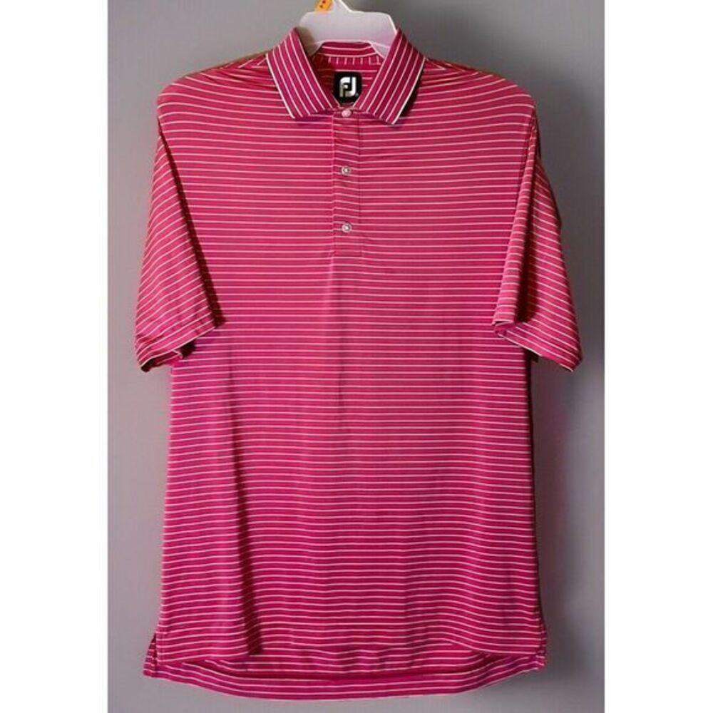 FootJoy FJ Mens Golf Polo Shirt Size Med Pink Lime Green Striped‎ Short Sleeve